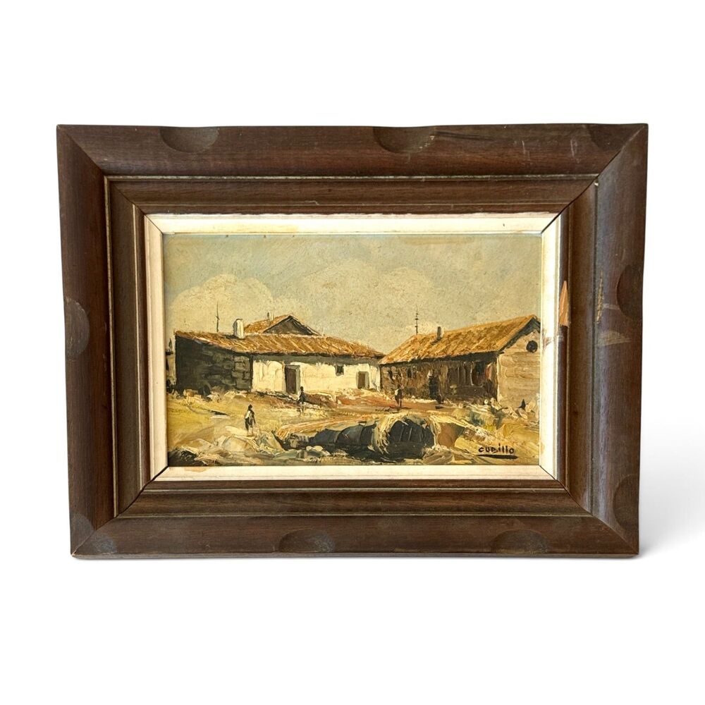 Original Mid-Century Impressionist Village Oil Painting by Cubillo, Framed Vint